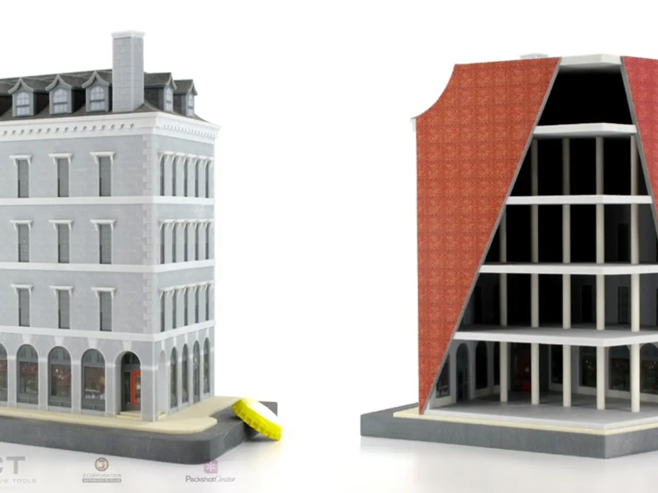 In this image we can see a model of a building on the left side of this image and on the right side...