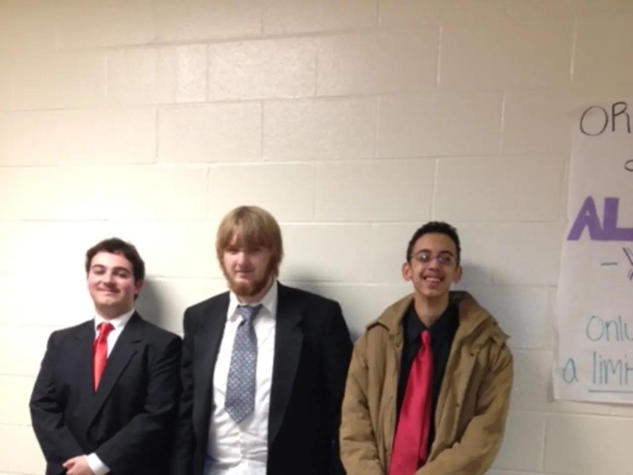 In this picture we can see three men wore blazers, ties, shoes and standing and on the floor and in...