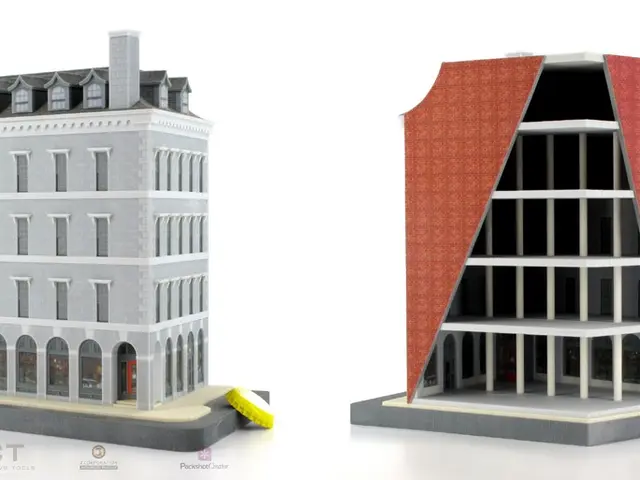In this image we can see a model of a building on the left side of this image and on the right side...