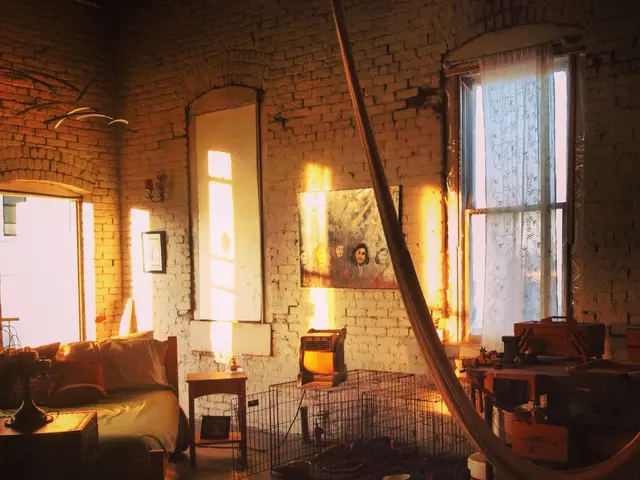 In the foreground of this image, there are pillows on the bed, flower pot on the table, a stool,...