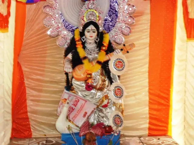 In this image I can see the god´s idol and I can see few clothes in multicolor. In the background I...