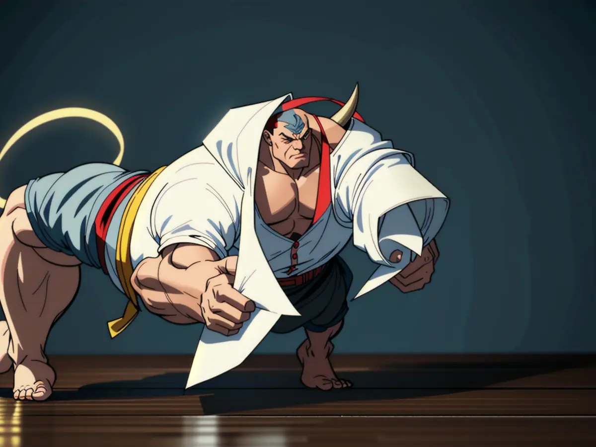 A bold charger bounding over a wooden workspace.