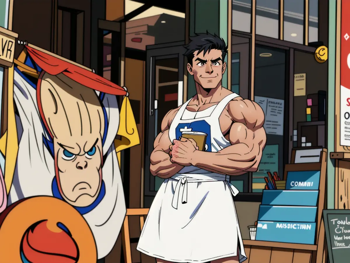 An individual gracefully donning an apron and stationed outside a coffee shop maintains a folded arm pose.