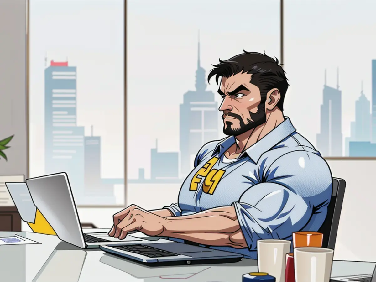 A financier taps on a laptop within an office setting.