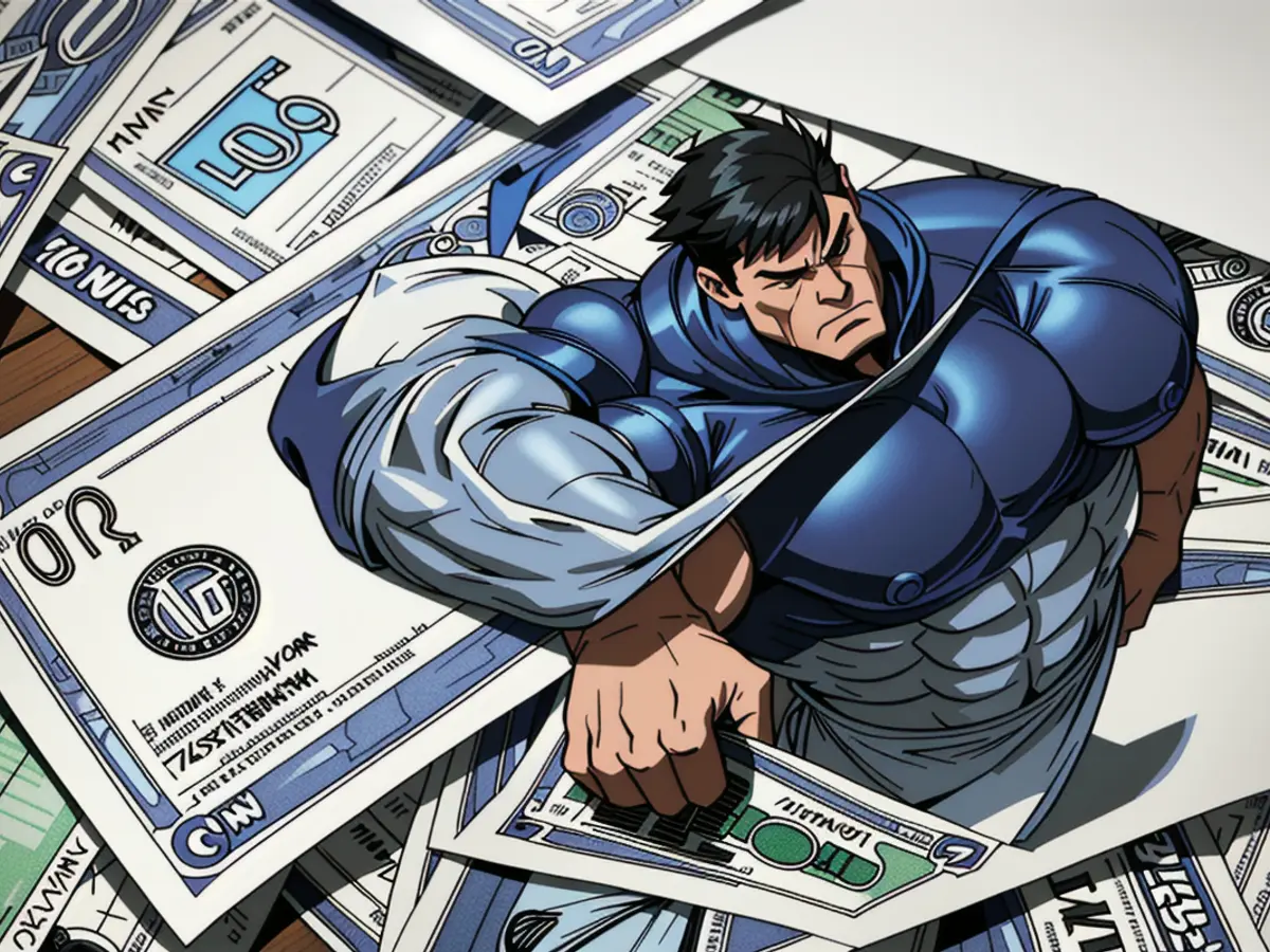 A small graduation cap perched atop a disorganized stack of one hundred dollar notes.