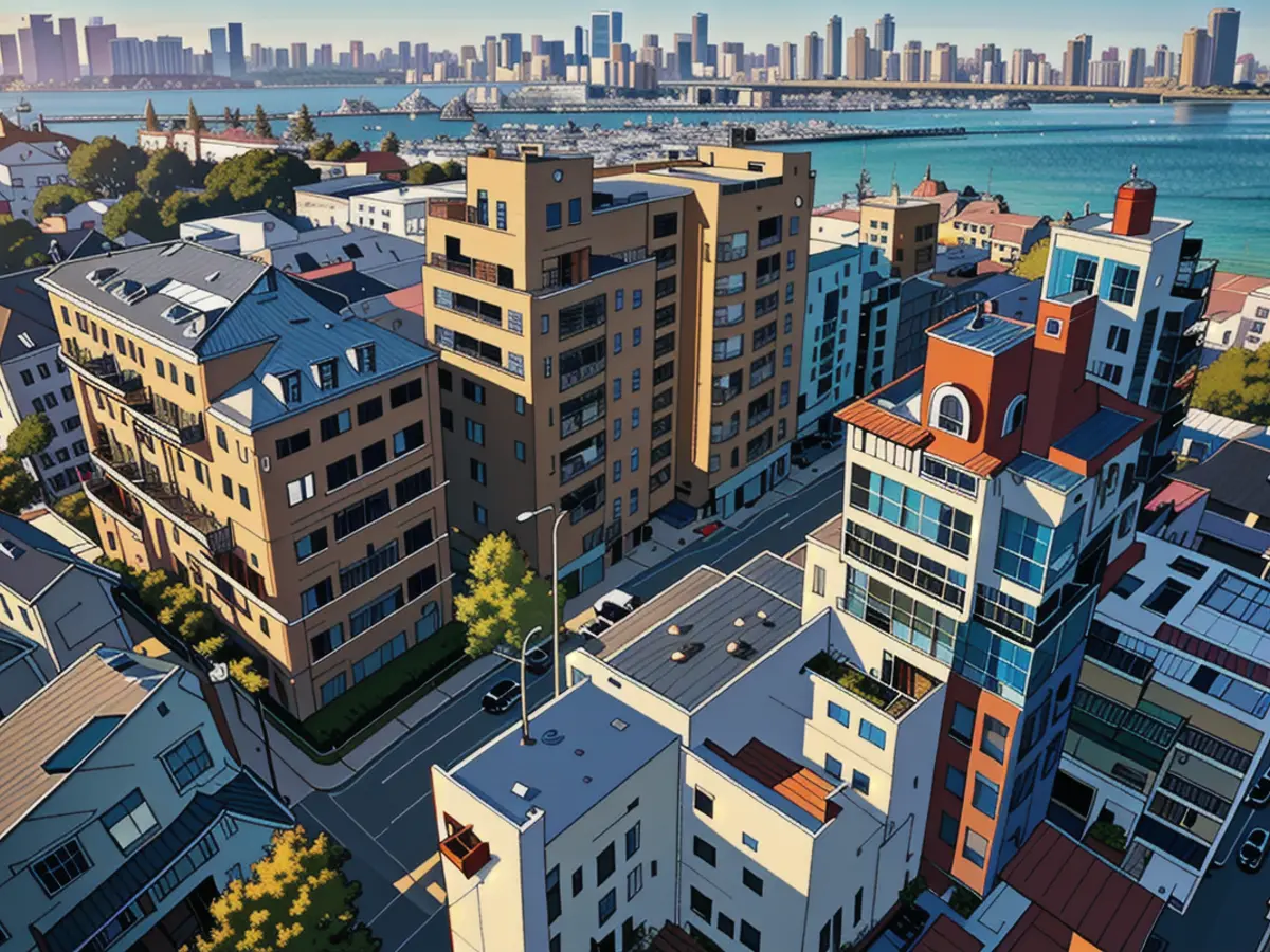 Overlooking Pacific Beach's streets, a mix of condos, flats, and detached homes can be seen, with Sail Bay in Mission Bay serving as the backdrop, as the sun bids farewell on December 22, 2023, in sunny San Diego, California.