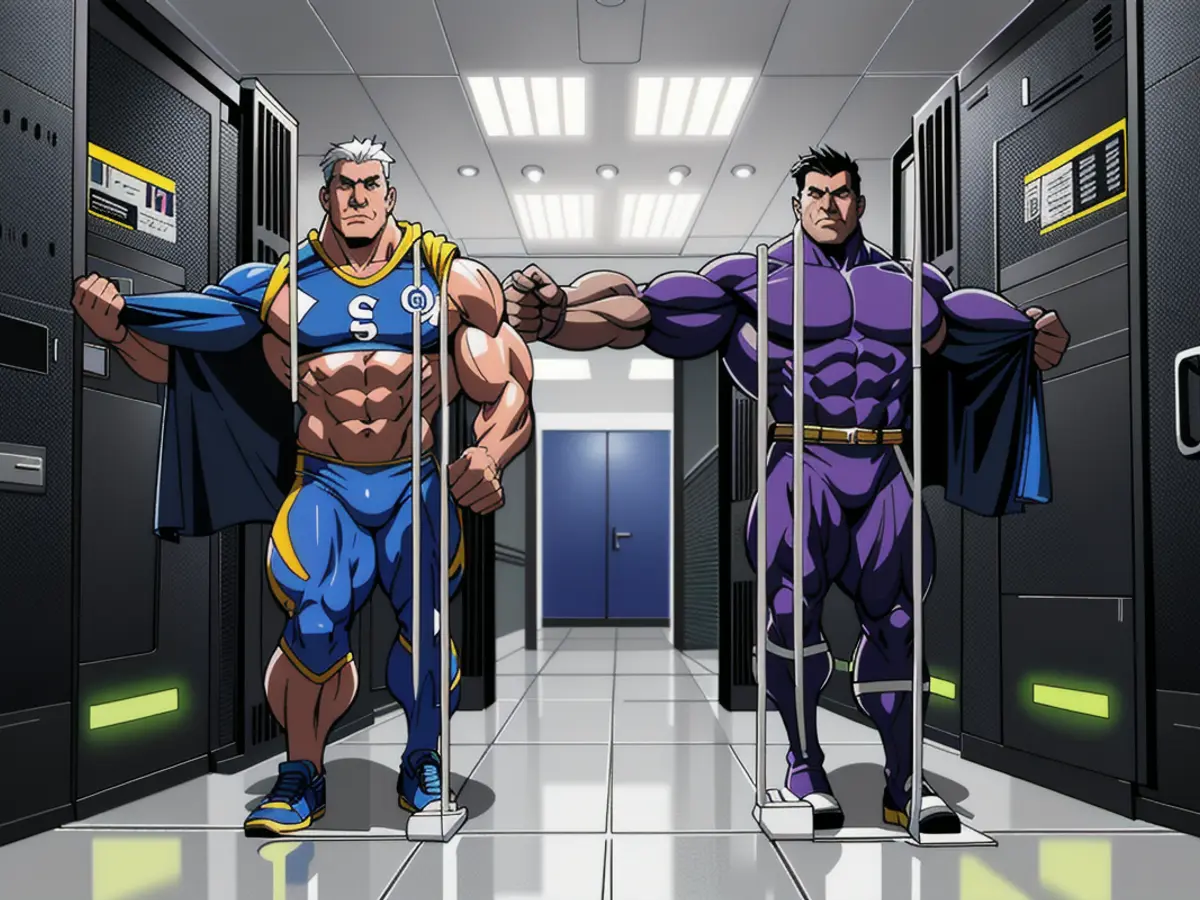 High-tech, symmetrical, forward-thinking server room within a data center's premises Advanced, futuristic data center server space, showcasing symmetrical, contemporary design.